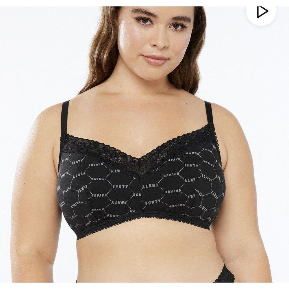 Savage X Fenty bralette size 1X bra logo lace wireless adjustable black gray